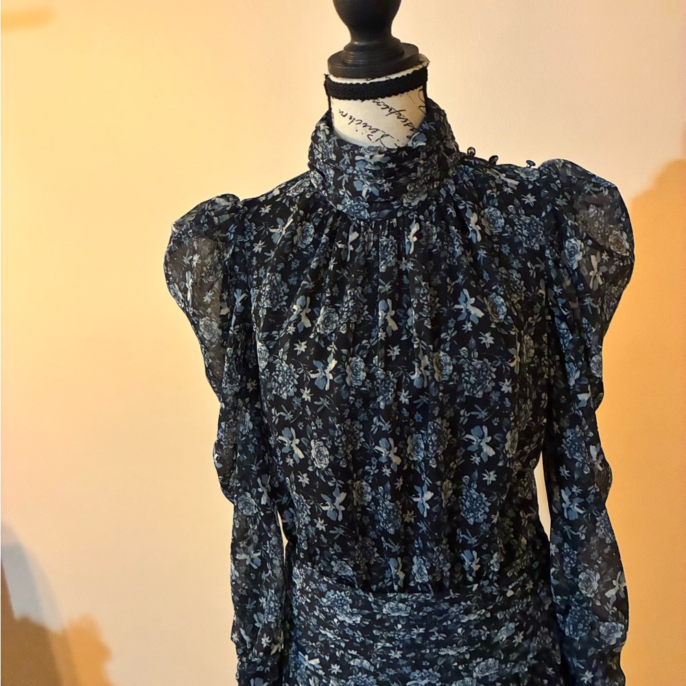 Monique Lhuillier Navy Floral Blouse